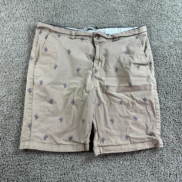 Hudson & Barrow Shorts Mens 36 Beige Blue Cactus Print Stretch Chino Pockets - Picture 1 of 13